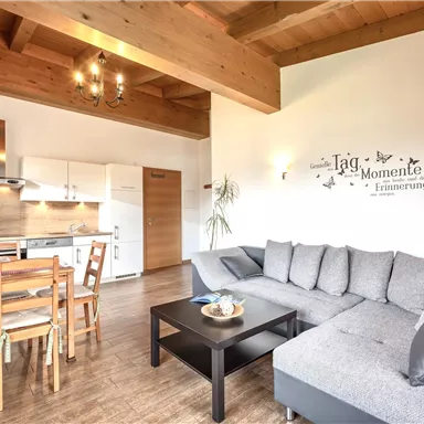 Eine helle und einladende Wohnung mit Holzdecke. Der offene Wohnbereich umfasst eine gemütliche Couch und einen Essbereich.