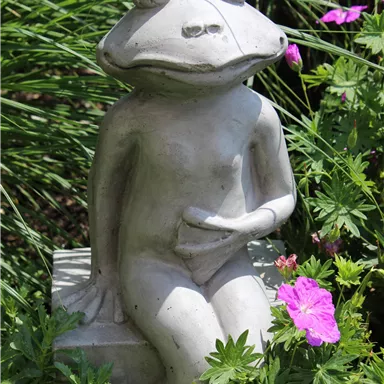 A sculpture of a seated frog made of stone, placed in a garden among green plants and colorful flowers. The frog has a relaxed body posture and a friendly expression.