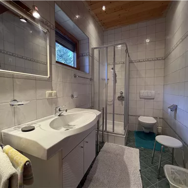 A modern bathroom with a shower and a sink. It is bright and clean with tiles and wood details.