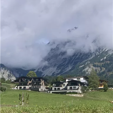 A picturesque landscape with modern houses in a green meadow. In the background, impressive mountains and a cloudy sky rise.