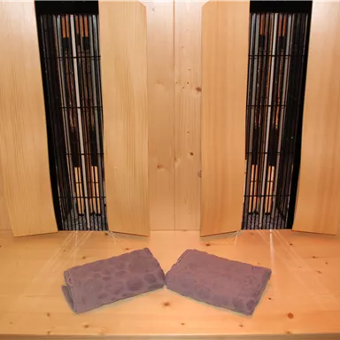 A relaxing room with two infrared heaters and wooden paneling. Two purple towels are lying on the floor.