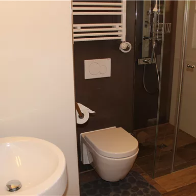 A modern bathroom with a shower, a toilet, and a sink. The floor is made of wood and the walls are designed in a light color.