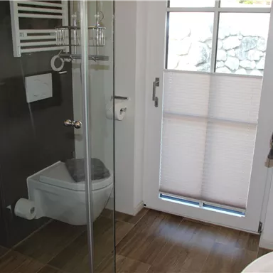 A modern bathroom with a glass shower and a toilet. Large windows provide plenty of light and a friendly atmosphere.