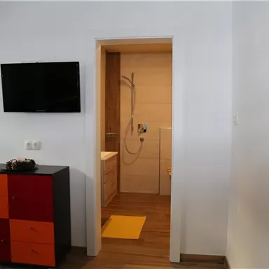 A modern room with a television on the wall and a colorful cabinet. In the background, a bathroom with a shower is visible.