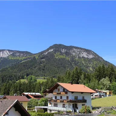 A picturesque mountain landscape with green hills and a clear blue sky. In the foreground, typical alpine houses can be seen.
