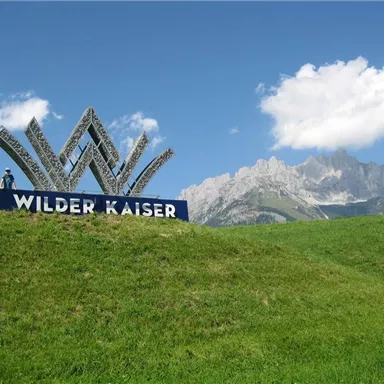 A sign with the inscription "Wilder Kaiser" stands on a green meadow. In the background, majestic mountains and a blue sky can be seen.