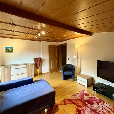 A cozy living room with a blue sofa, a dresser, and a television. The wooden floor and warm colors create an inviting atmosphere.