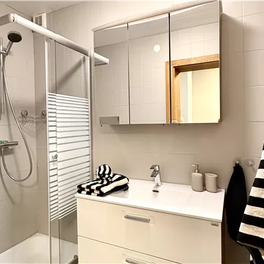 A modern bathroom with a shower and a sink. The decor is bright and minimalist, featuring a large mirror and striped towels.
