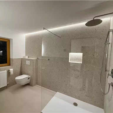 A modern bathroom with a large shower and glass partition. The walls are in neutral tones, and a window provides daylight.