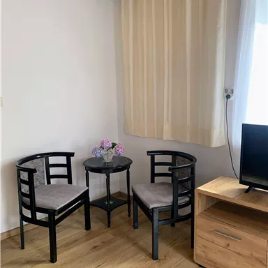 Ein gemütlicher Wohnbereich mit zwei schwarzen Stühlen und einem kleinen Tisch. Auf dem Tisch steht eine Vase mit Blumen und ein Fernseher ist sichtbar.