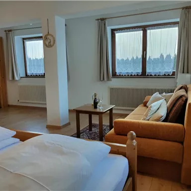 A bright room with a double bed and a cozy couch. Large windows provide a view of the nature outside.