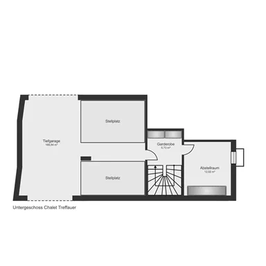A floor plan drawing of a chalet with two bedrooms, a bathroom, and a living area. The rooms are clearly structured and presented in an orderly manner.