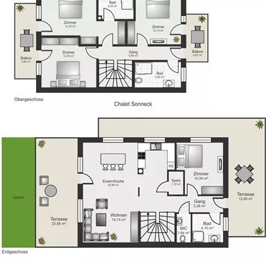 This image shows the floor plan of a chalet with two floors. Above are the bedrooms and below is the living area with terrace and garden.