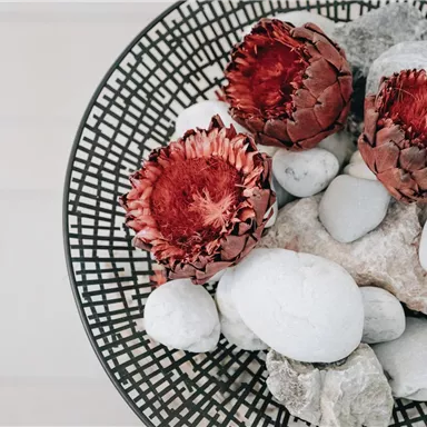 Eine dekorative Schale mit roten Trockenblumen und weißen Steinen. Die arrangierten Elemente verleihen einen natürlichen und eleganten Look.