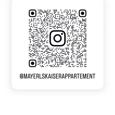 A QR code that leads to an Instagram profile. Below it is the username "@MAYERLSKAISERAPPARTEMENT".