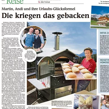 Ein Artikel über Martin und Andi, die ein Urlaubskonzept entwickelt haben. Im Vordergrund steht ein innovativer Backofen mit frischen Brötchen.