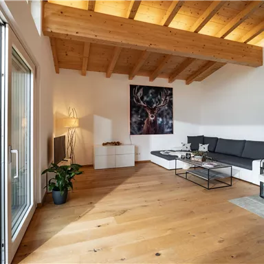 Ein modernes Wohnzimmer mit Holzdecken und großen Fenstern. Die Möbel sind schlicht und gut angeordnet, mit einem gemütlichen Sofa und einem Tisch.