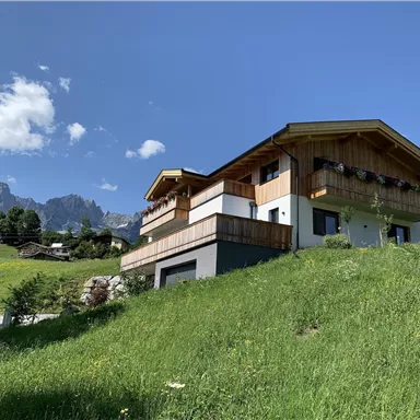 A modern house on a green meadow with a view of the mountains. The sky is clear and sunny.