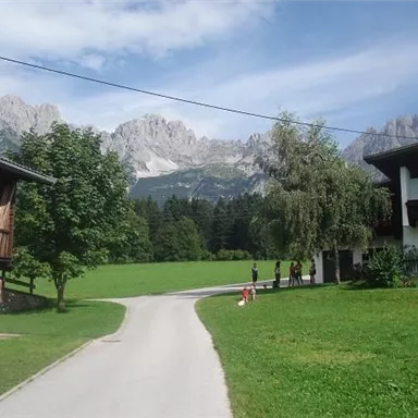 Eine malerische Landschaft mit grünen Wiesen und beeindruckenden Bergen im Hintergrund. Einige Menschen genießen die Natur und das ruhige Dorfleben.