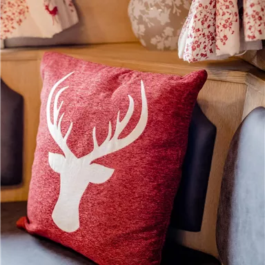 A red cushion featuring a deer motif rests on a dark couch. In the background, patterned curtains and a decorative lamp are visible.