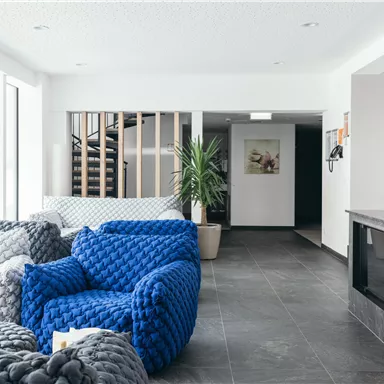 A modern living space with cozy blue and gray armchairs. Large windows let in plenty of light, and a green plant adds freshness.