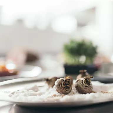 An elegant dish with snails on a bed of salt. In the background, blurred kitchen utensils are visible.