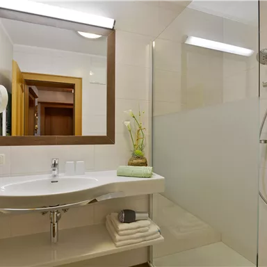 A modern bathroom with a shower and a large mirror. Fresh towels and plants as decoration are placed on the sink.
