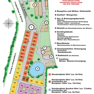 A map of the Emperor's Camps with various campsites and facilities. The legend shows the location of sanitary facilities, the bathing area, and other important points.