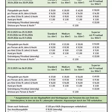 A price list for the KAISER.CAMP for 2025/26. The table shows various types of accommodation and prices per person and night.