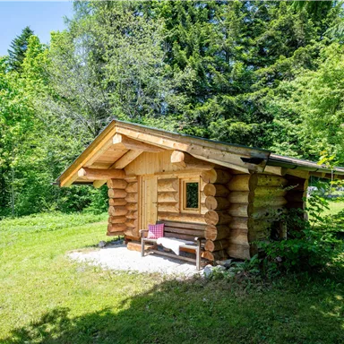 A cozy log cabin stands in a green landscape. Surrounded by trees, it offers a peaceful retreat.