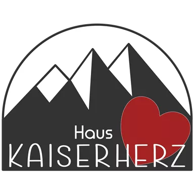 Logo von Haus Kaiserherz mit stilisierten Bergen und einem roten Herz. Es vermittelt ein Gefühl von Wärme und Naturverbundenheit.