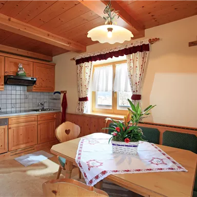 A cozy kitchen with wood paneling and a large dining table. On the table, there is a decorative plant, and the windows let in a lot of light.