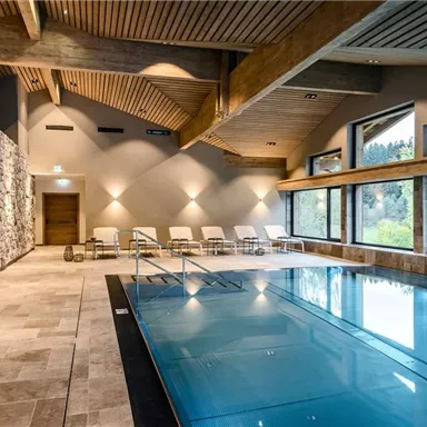 A modern indoor pool with large windows and wood and stone accents. The space is bright and inviting, with loungers for relaxation.