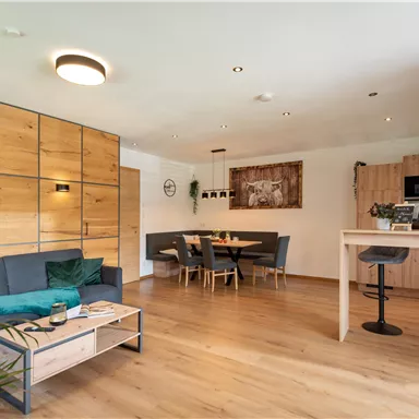 Ein modern eingerichteter Wohnbereich mit Holzverkleidung und einer offenen Küche. Es gibt eine gemütliche Sitzecke und einen Esstisch für vier Personen.