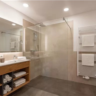 Ein modernes Badezimmer mit einer transparenten Dusche und einem markanten Waschbeckenbereich. Handtücher sind ordentlich gestapelt und die Wände sind in neutralen Tönen gehalten.