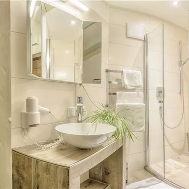 Ein modernes Badezimmer mit einer Duschkabine und einem Waschbecken aus Holz. Die Einrichtung ist hell und freundlich, mit einer Pflanze als dekorativem Akzent.