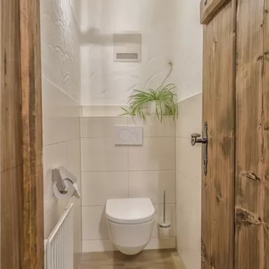 Ein modernes Badezimmer mit einer Toilette und einem Holzofen. An der Wand hängt eine Pflanze und das Licht ist freundlich und klar.