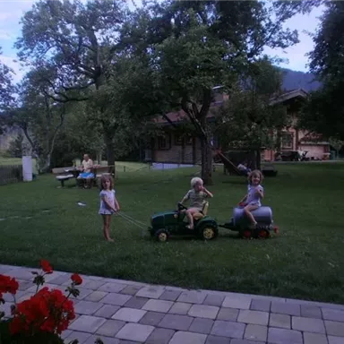 Kinder spielen im Garten mit kleinen Traktoren. Im Hintergrund sind Bäume und ein Haus zu sehen.