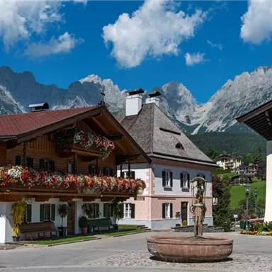 A picturesque village with traditional houses and blooming flowers. In the background, impressive mountains and a blue sky can be seen.