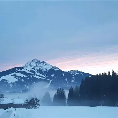 Eine winterliche Landschaft mit schneebedeckten Bergen und einer nebligen Atmosphäre. Der Himmel ist in sanften Farben gehüllt.