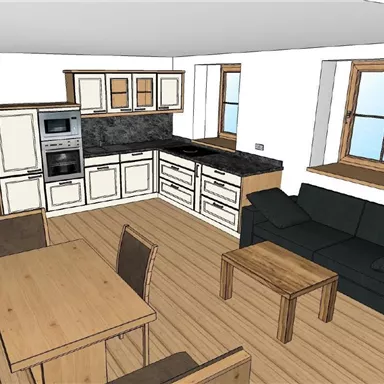 Eine moderne Küche mit Holzmöbeln und einem Essbereich. Der Raum ist hell und offen gestaltet.