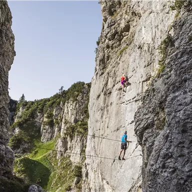 Zwei Kletterer erklimmen eine steile Felswand in einer beeindruckenden Schlucht. Der Himmel ist klar und die umliegende Landschaft ist grün.