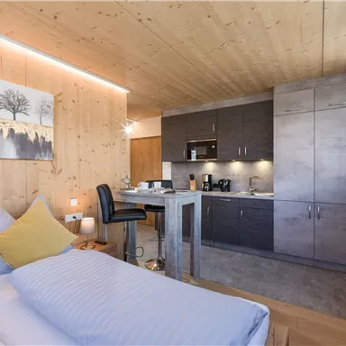 A cozy room with wooden ceilings and modern furniture. The small kitchenette is functionally arranged and offers space to relax.