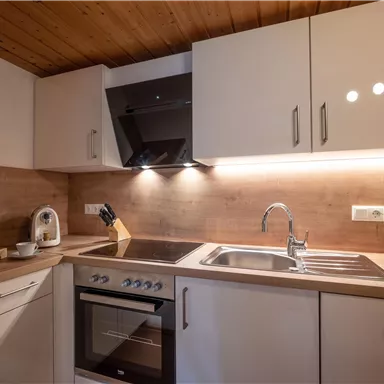 Eine moderne Küche mit weißen Schränken und Holzverkleidung. Sie verfügt über einen Herd, ein Spülbecken und dekorative Pflanzen.