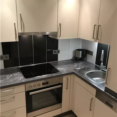 A modern kitchen with high-quality appliances and elegant cabinets. The countertop is made of a dark material and there is a sink as well as a stove.