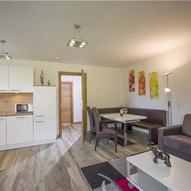 A modern apartment with an open kitchen and living area. It is pleasantly furnished with a dining table, a sofa, and colorful wall paintings.