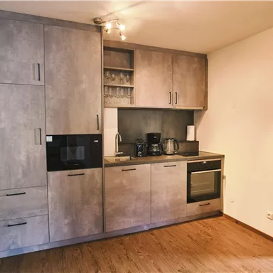 Eine moderne Küche mit grauen Schränken und hochwertigen Geräten. Die Küche ist hell erleuchtet und hat einen warmen Holzboden.