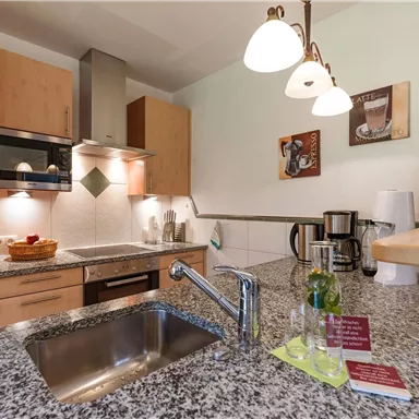 Well-equipped kitchen with filter coffee maker, kettle, Sodastream for sparkling spring water, egg cooker, dishwasher, baking oven, freezer and refrigerator.