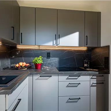 Modern kitchen with gray cabinets and a dark work area. A small pot with fresh herbs and a bowl of fruit are visible.