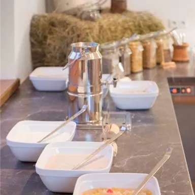 Eine Auswahl an verschiedenen Schüsseln mit Lebensmitteln auf einem Tisch. Im Hintergrund sind einige natürliche Zutaten und Utensilien sichtbar.